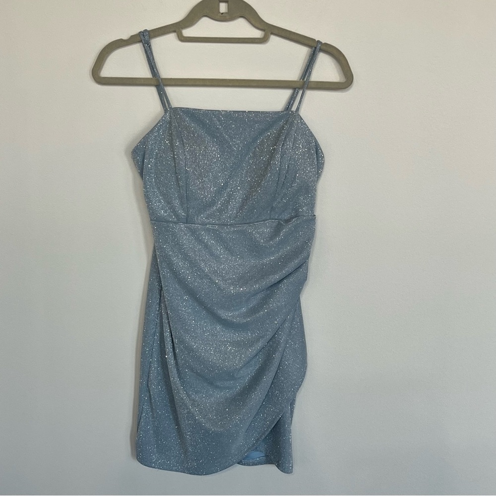 Crystal Doll Women's Ruched Glitter Mini Dress Blue Juniors Size 9